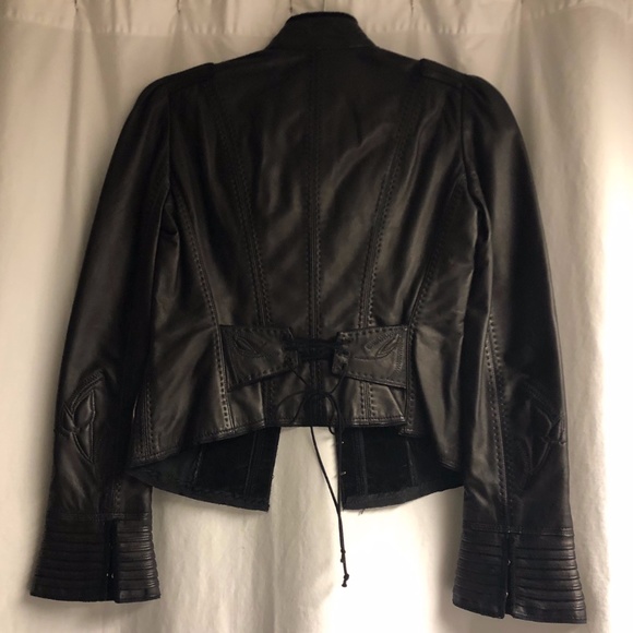 Tahari Black Embossed Black Leather Jacket w Mandarin Collar & Bell Sleeves XS - Picture 9 of 14